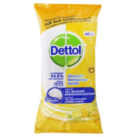 دستمال چند منظوره آنتی باکتریال لیمویی دتول Dettol بسته 60 عددی