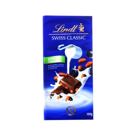 شکلات لینت Lindt کلاسیک سوئیس کشمش و فندق و بادام 100 گرم