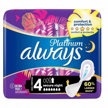 نوار بهداشتی آلویز Always مدل Platinum ویژه شب سایز 4 بسته 5 عددی